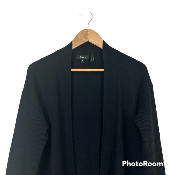 Theory Cashmere Rib Sleeve Black Open Front Cardigan in size Medium - Picture 3 of 11